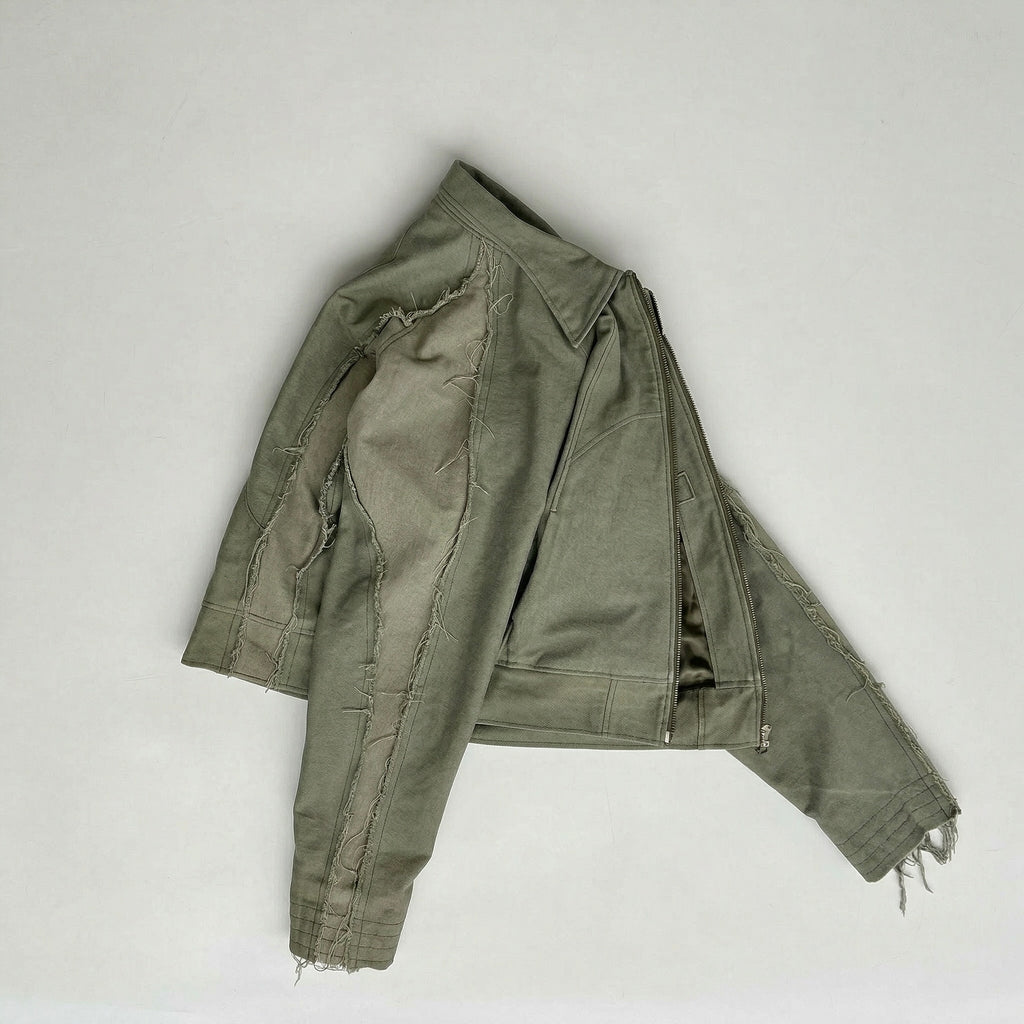 Distressed Denim Jacket Olive