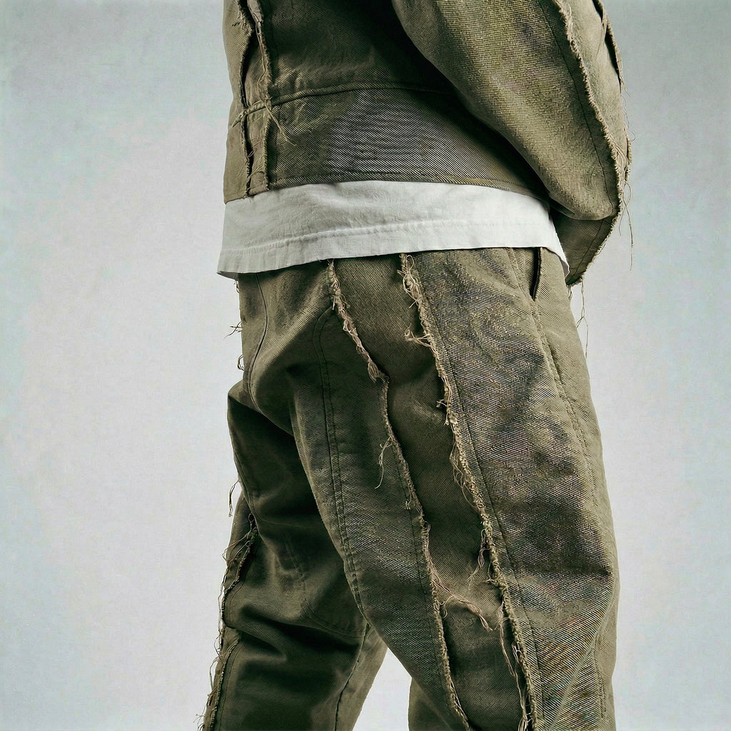 Distressed Denim Pants Olive