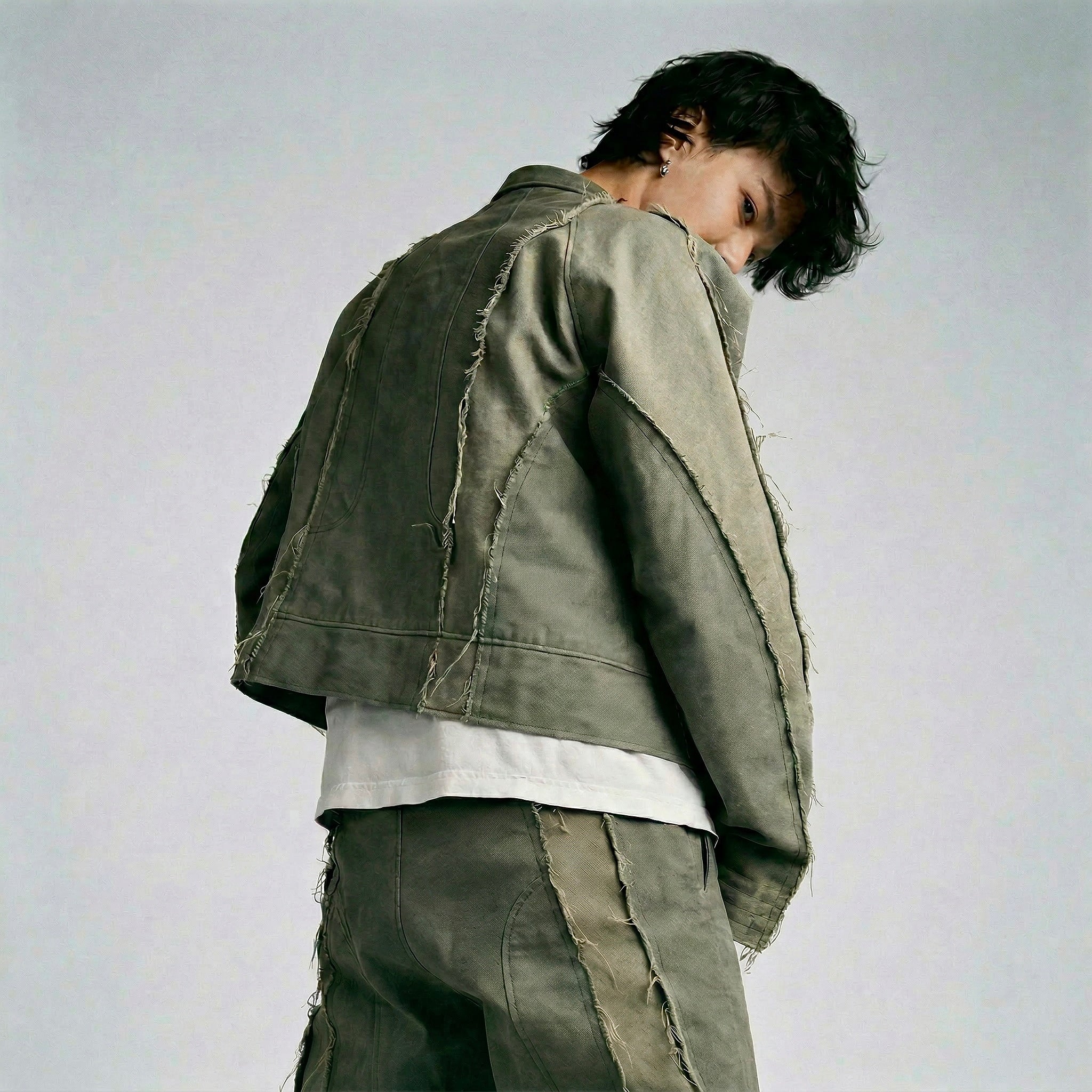 Distressed Denim Jacket Olive